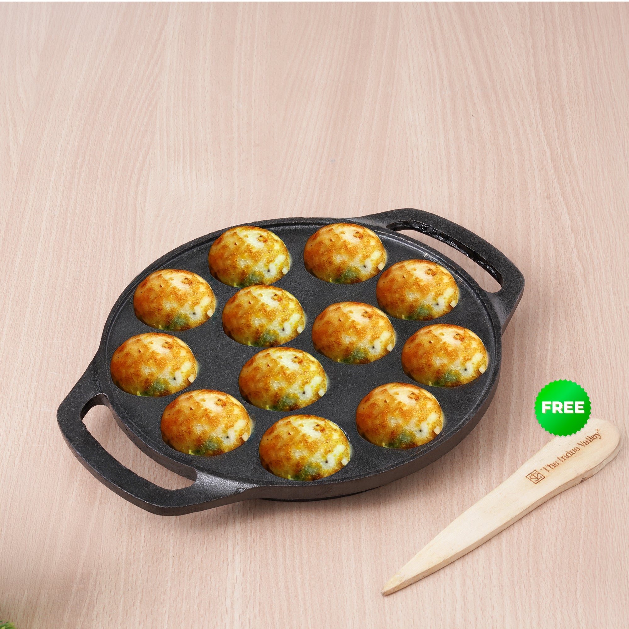 The Indus Valley 12 Pit/Cup CASTrong Cast Iron Kuzhi Paniyaram/Paddu Pan/Appe Maker, Pre-seasoned, 100% Pure, Toxin-free, Spatula, 21 cm, 2.2 kg - Distacart