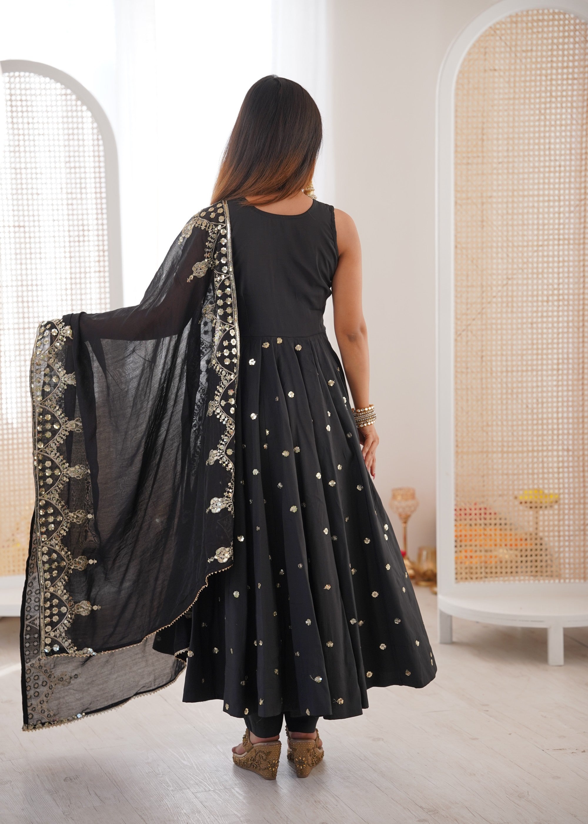 Anaita Black Silk Readymade Anarkali Suit with Embroidery & Sequence Work - Dista