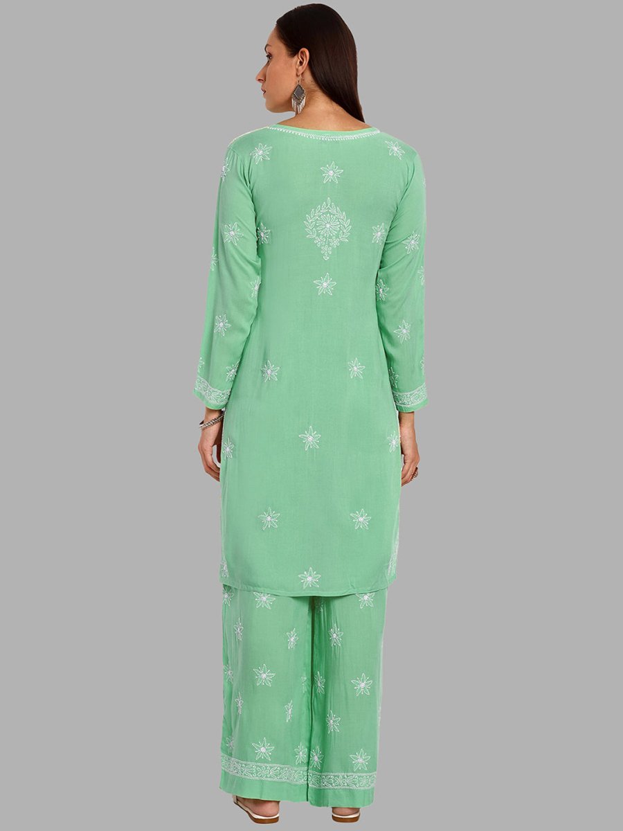 ADA Floral Embroidered Long Sleeves Regular Lucknowi Chikankari Kurta With Palazzos - Distacart