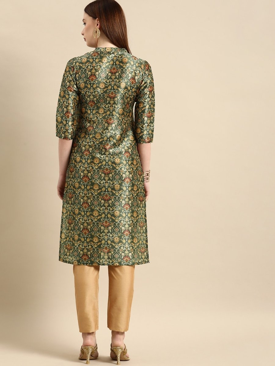 All About You Women Green & Mustard Yellow Ethnic Motifs Print Chanderi Silk Blend Kurta - Distacart