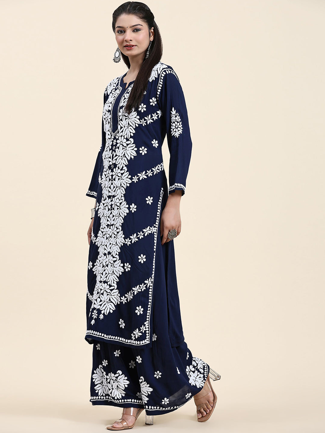 HOUSE OF KARI Ethnic Motifs Embroidered Chikankari Cotton Kurta & Palazzos - Distacart