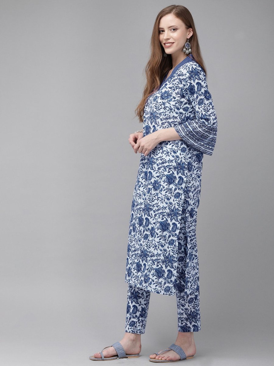 Anouk Women Navy Blue Printed Indigo Kurta with Trousers - Distacart