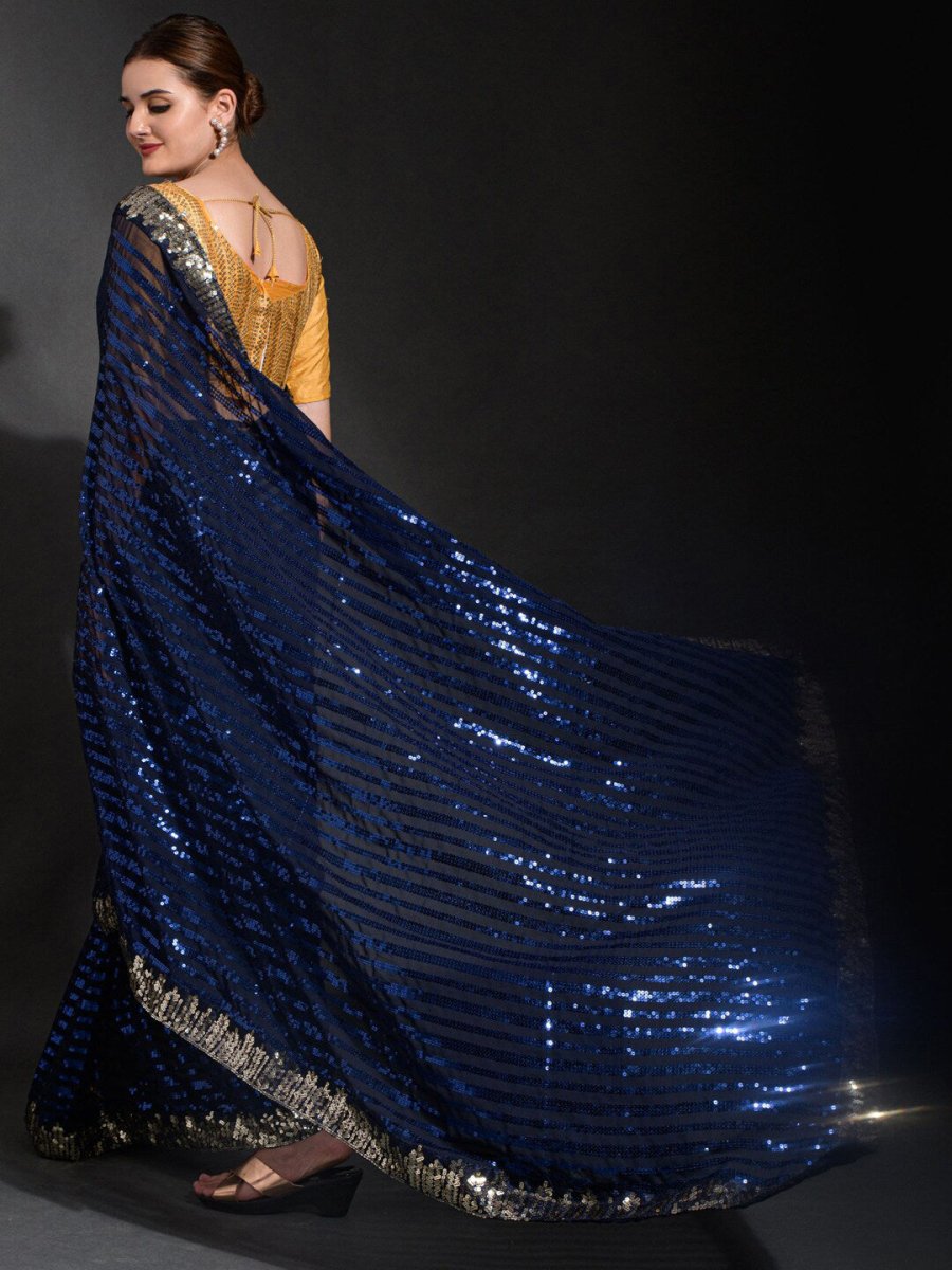 Anouk Navy Blue & Gold-Toned Embellished Sequinned Pure Georgette Saree - Distacart