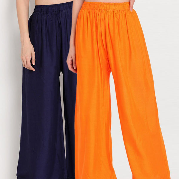 TAG 7 Women Orange & Navy Blue Set of 2 Flared Ethnic Palazzos - Distacart
