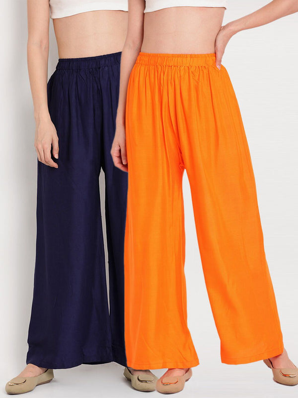 TAG 7 Women Orange & Navy Blue Set of 2 Flared Ethnic Palazzos