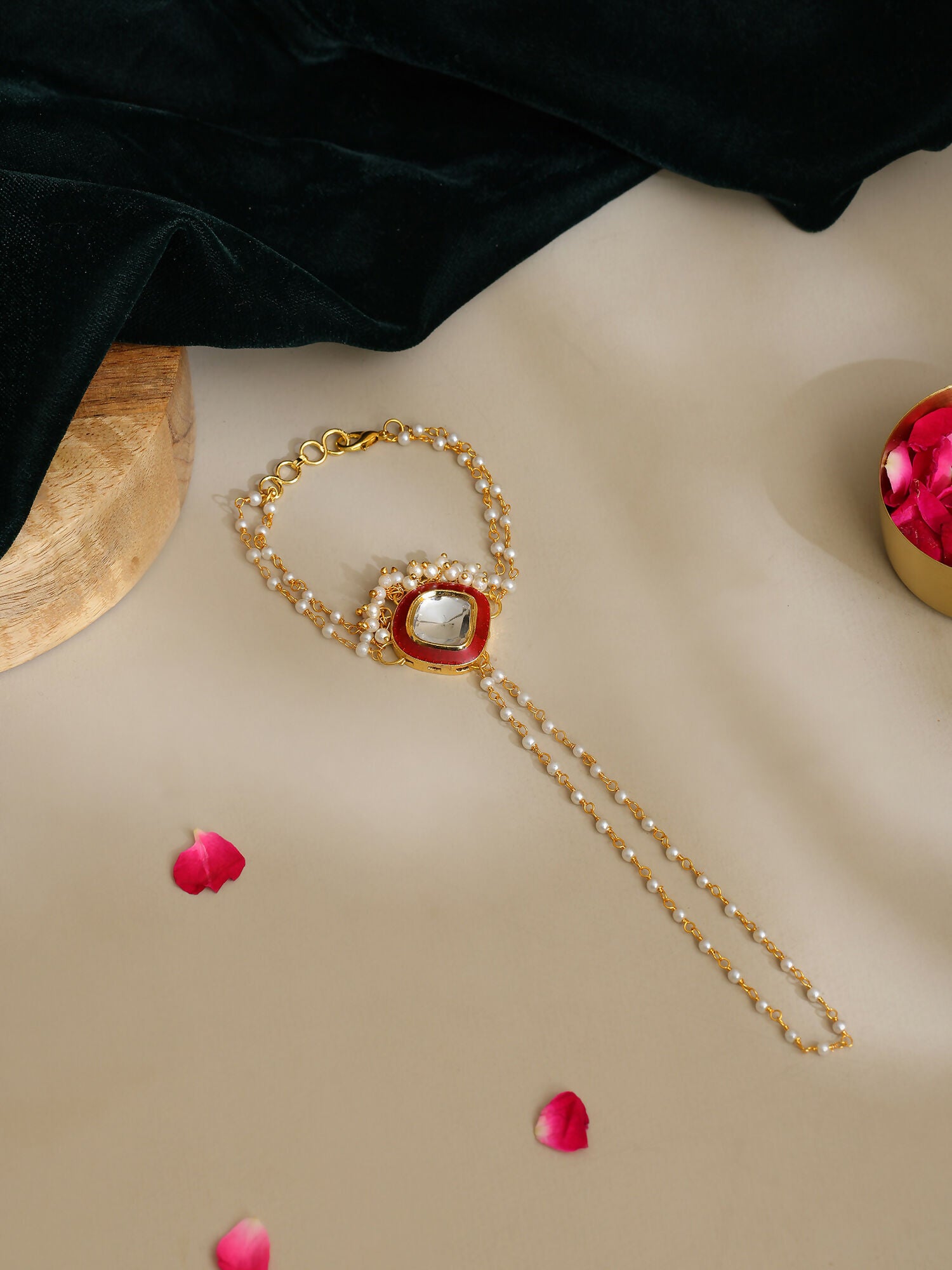 Ruby Raang Gold Red Meenakari Kundan Haath Phool