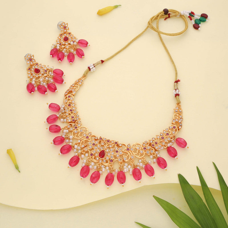 Tehzeeb Creations Gold-Polished Pink Colour Necklace With Stud - Distacart