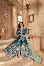 Thumbnail for Anaita Teal Embroidered Art Silk Anarkali Suit - Distacart