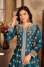 Thumbnail for Anaita Teal Embroidered Art Silk Anarkali Suit - Distacart