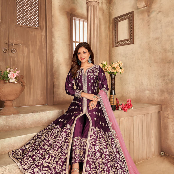 Anaita Purple Embroidered Art Silk Anarkali Suit - Distacart