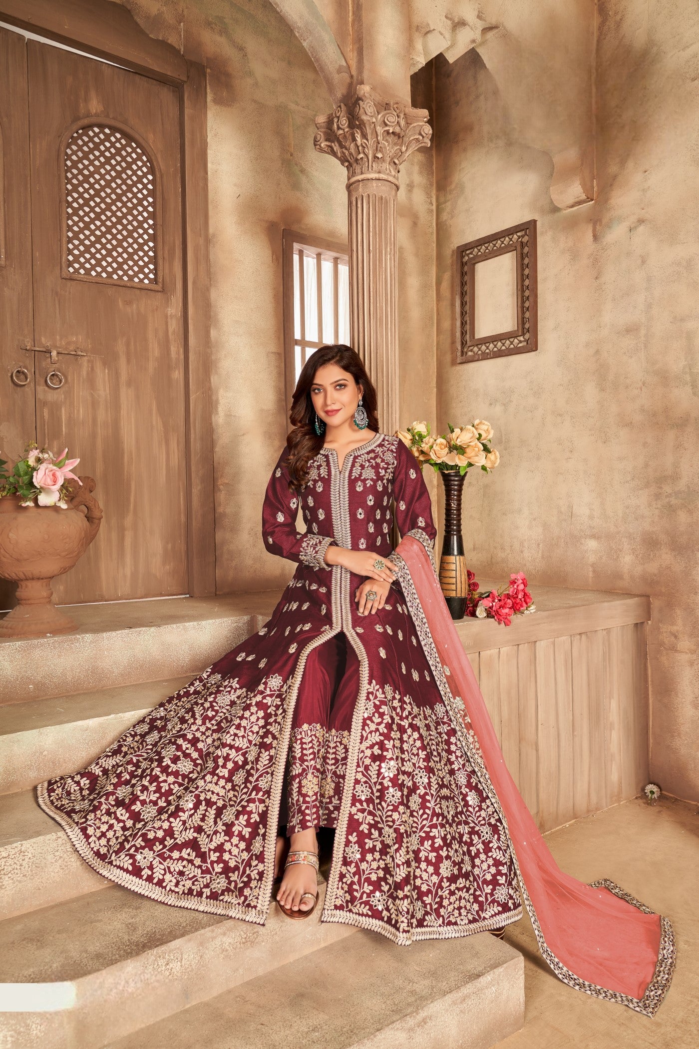Anaita Maroon Embroidered Art Silk Anarkali Suit - Distacart