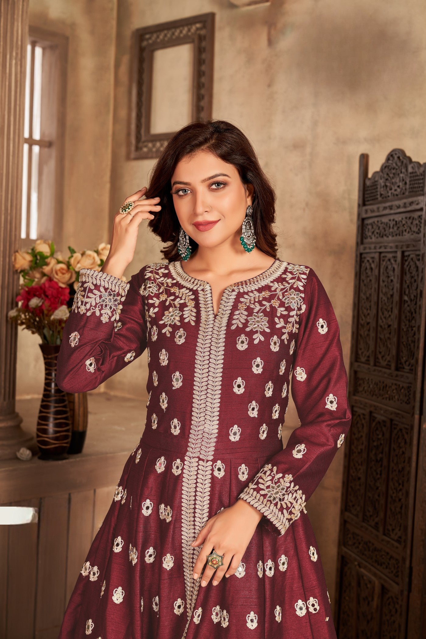 Anaita Maroon Embroidered Art Silk Anarkali Suit - Distacart