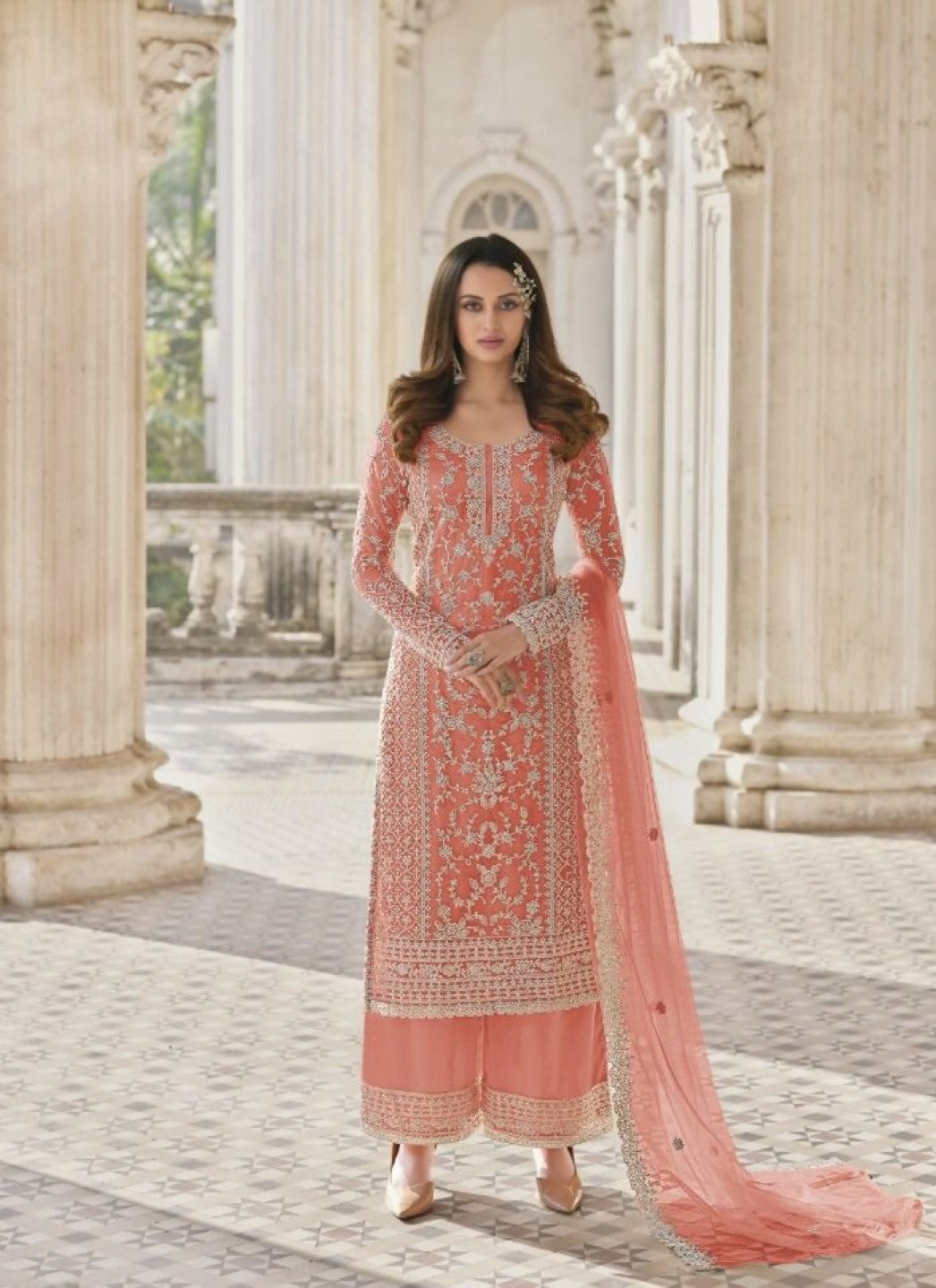 Anaita Peach Net Semi Stitched Suit with Coding and Embroidery Work - Dista