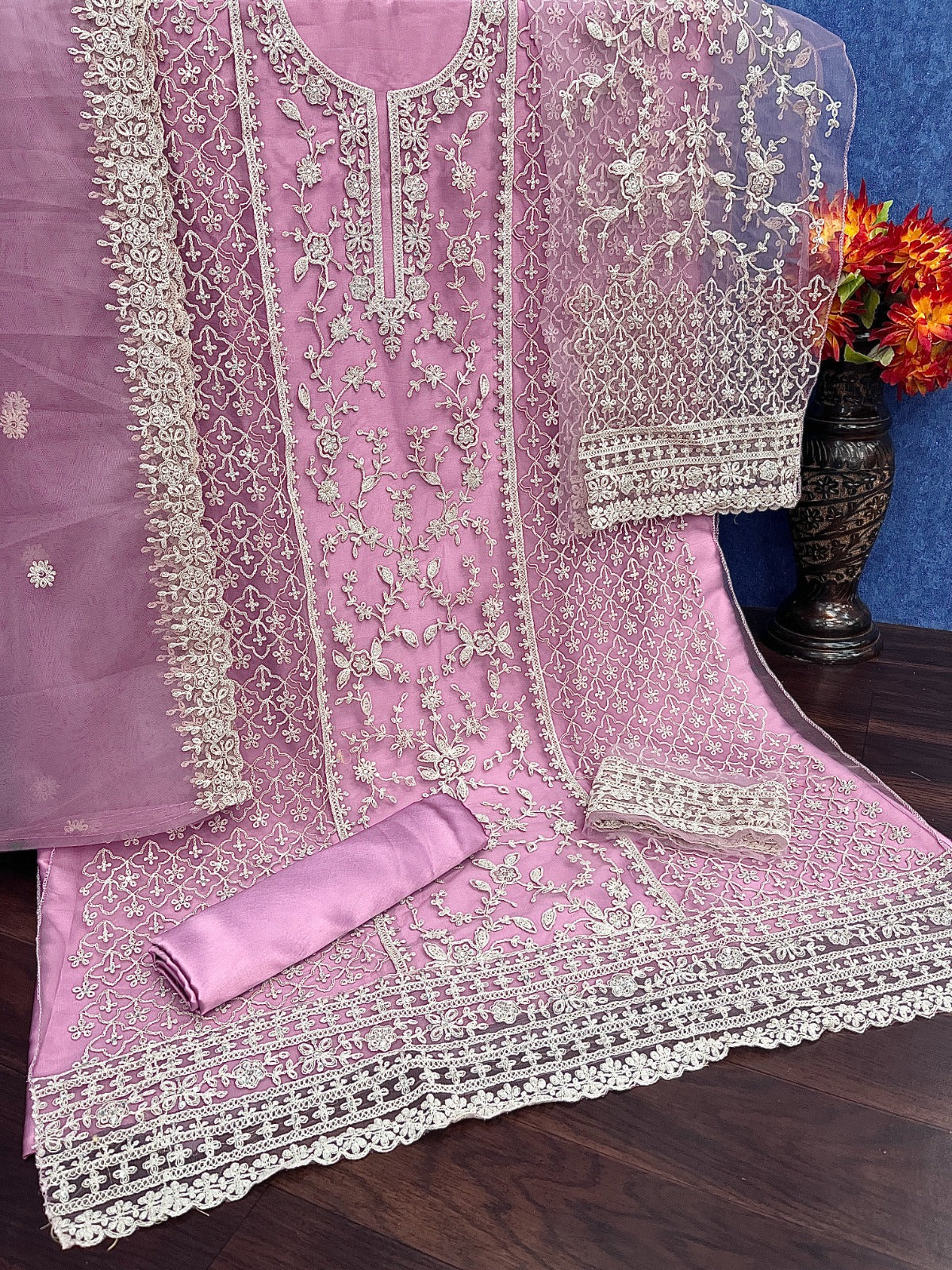 Anaita Lavender Net Semi Stitched Suit with Coding and Embroidery Work - Dista