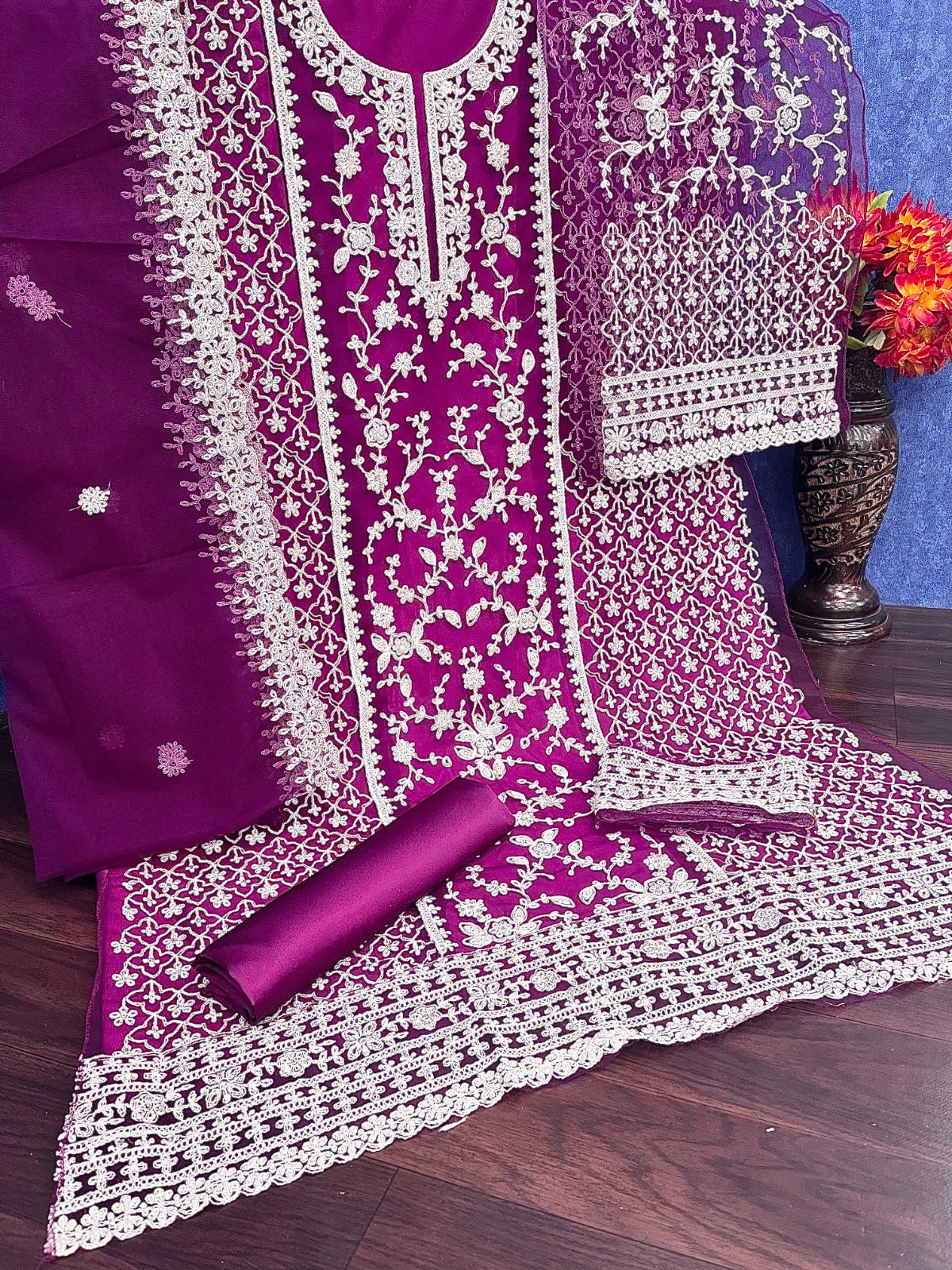 Anaita Purple Net Semi Stitched Suit with Coding and Embroidery Work - Dista