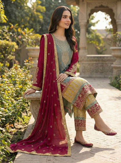 Anaita Blue Chinon Semi Stitched Suit with Embroidery Sequence Work - Dista
