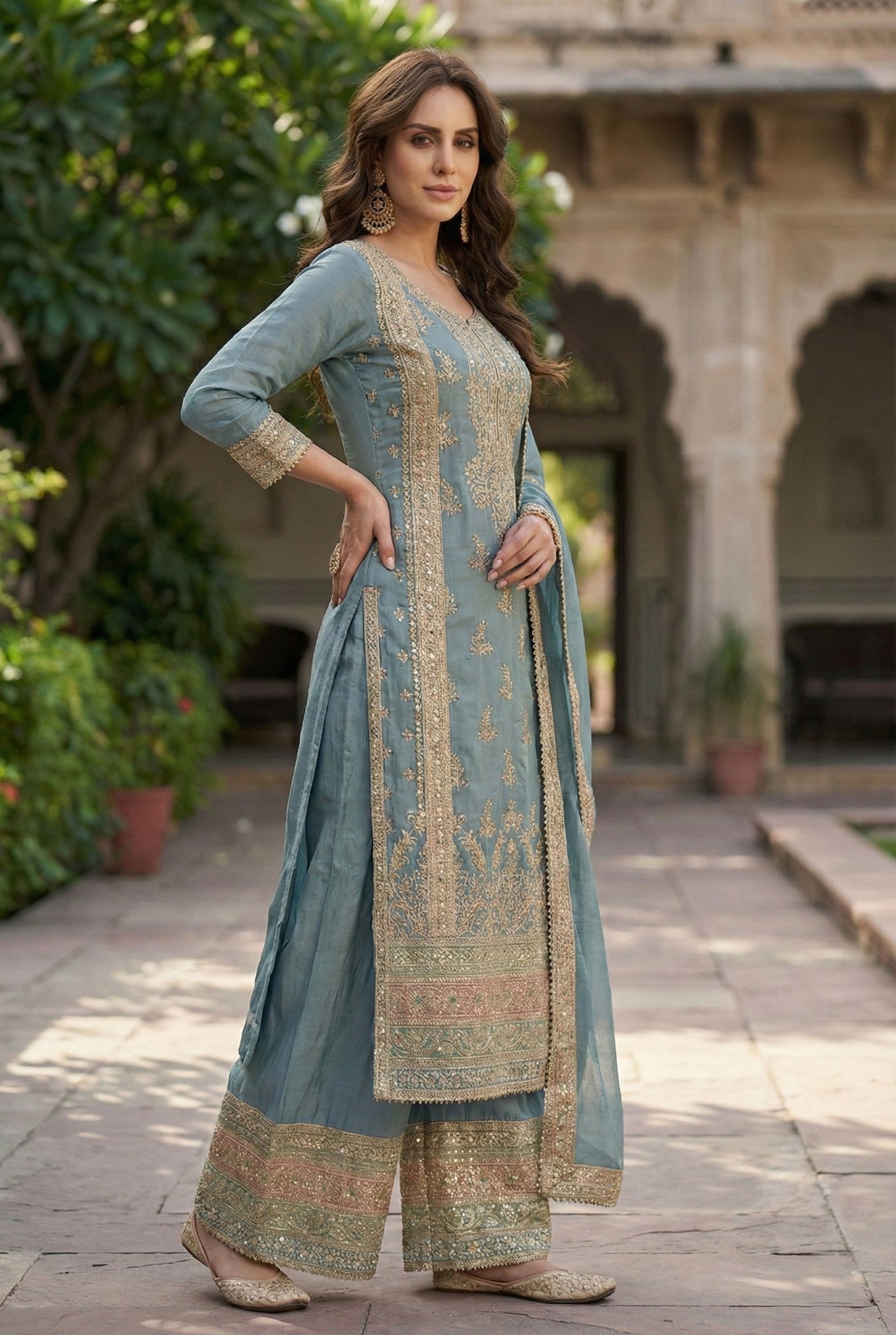 Anaita Blue Chinon Suit with Embroidery & Sequence Work - Dista