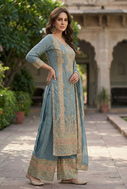Anaita Blue Chinon Suit with Embroidery & Sequence Work - Dista