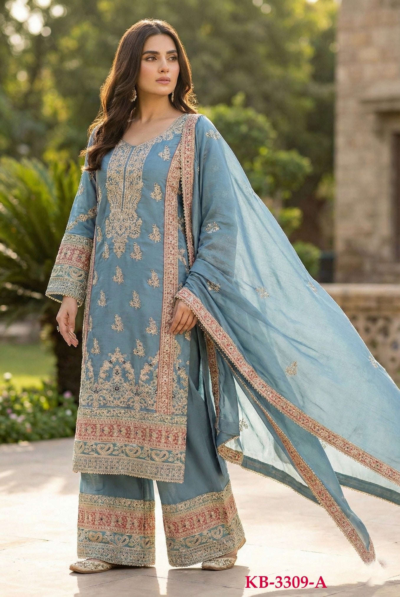 Anaita Blue Chinon Suit with Embroidery & Sequence Work - Dista