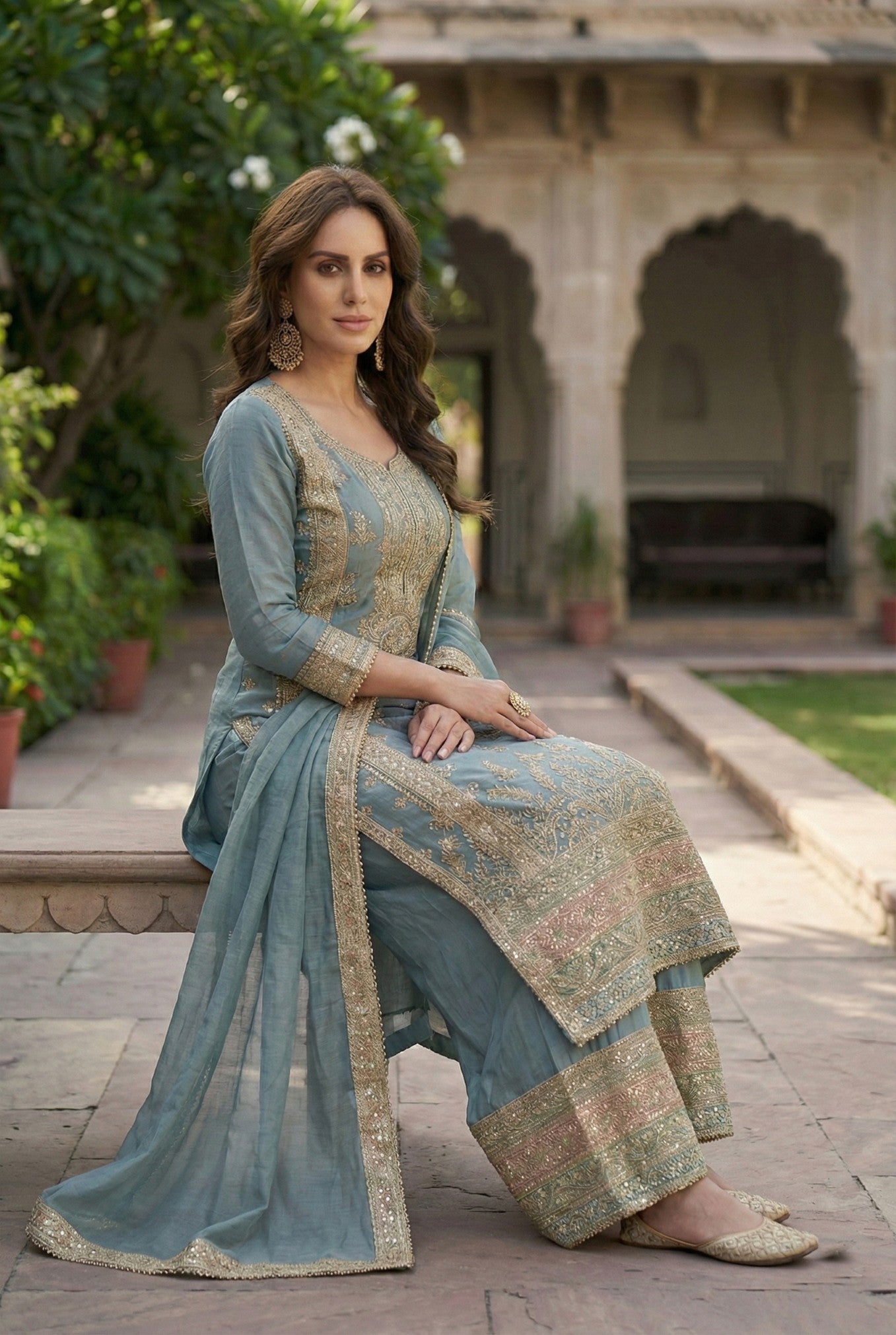 Anaita Blue Chinon Suit with Embroidery & Sequence Work - Dista