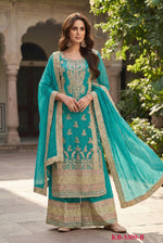 Thumbnail for Anaita Turquoise Chinon Suit with Embroidery & Sequence Work - Dista