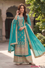 Thumbnail for Anaita Turquoise Chinon Suit with Embroidery & Sequence Work - Dista