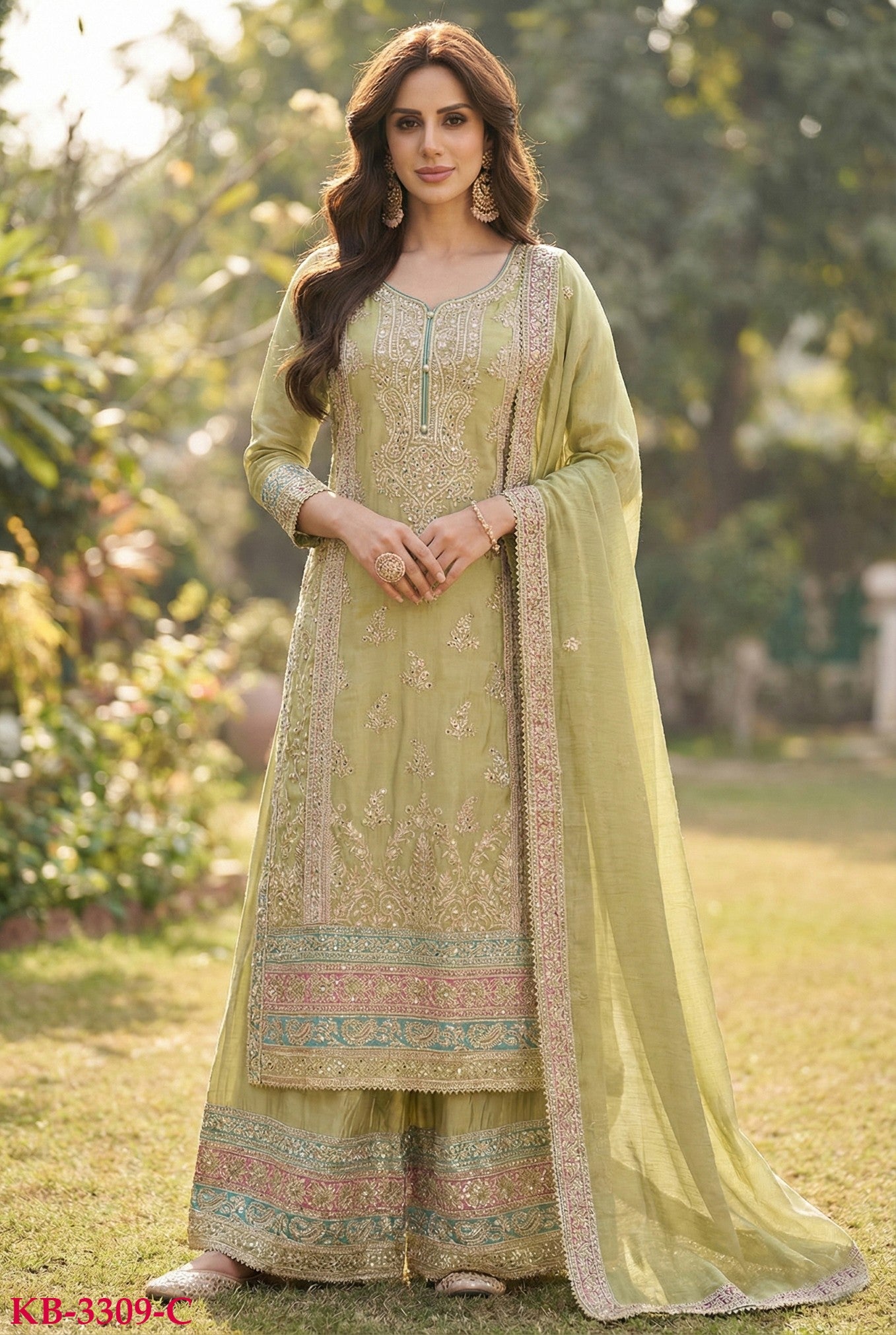 Anaita Green Chinon Suit with Embroidery & Sequence Work - Dista
