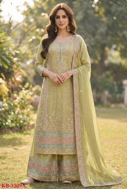 Anaita Green Chinon Suit with Embroidery & Sequence Work - Dista