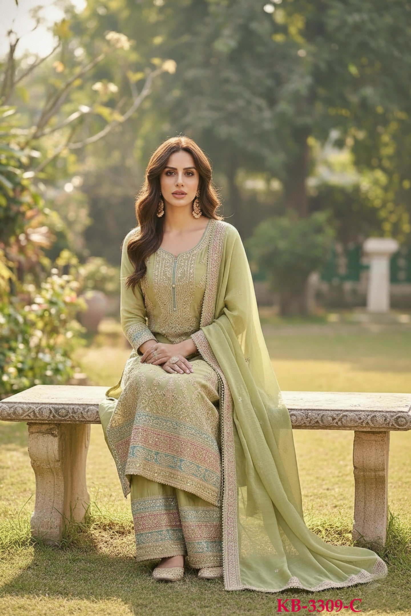Anaita Green Chinon Suit with Embroidery & Sequence Work - Dista