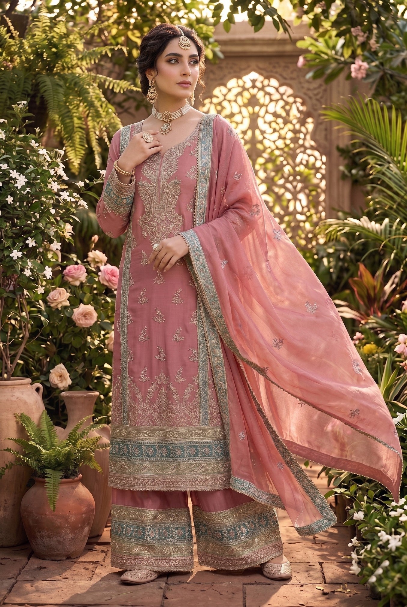 Anaita Pink Chinon Suit with Embroidery & Sequence Work - Dista