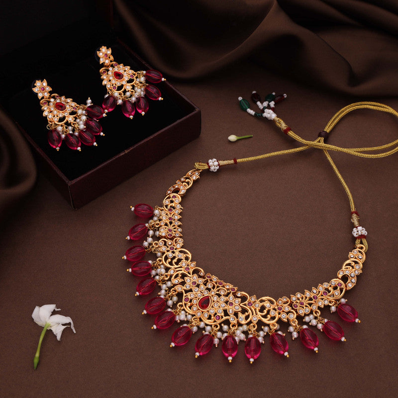 Tehzeeb Creations Gold-Polished Pink Colour Necklace With Stud - Distacart