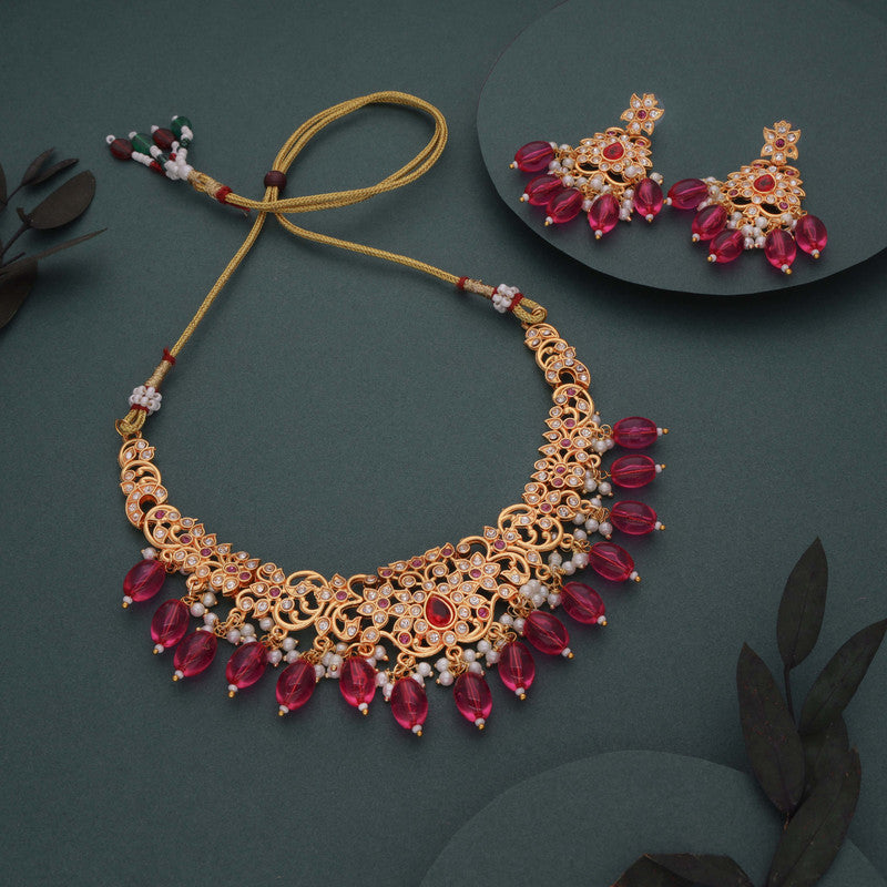 Tehzeeb Creations Gold-Polished Pink Colour Necklace With Stud - Distacart