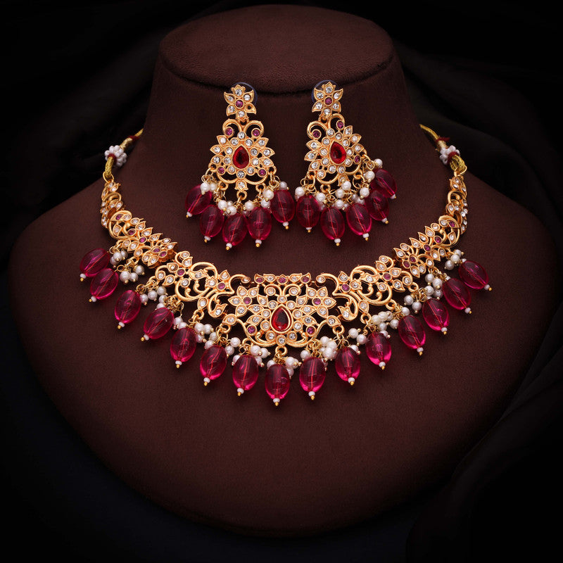 Tehzeeb Creations Gold-Polished Pink Colour Necklace With Stud - Distacart