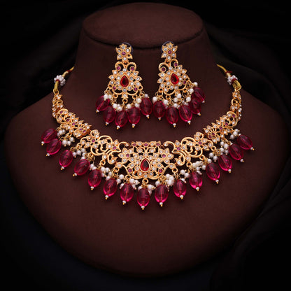 Tehzeeb Creations Gold-Polished Pink Colour Necklace With Stud - Distacart