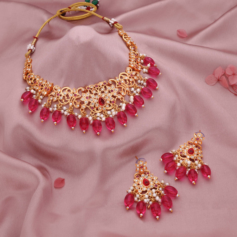 Tehzeeb Creations Gold-Polished Pink Colour Necklace With Stud - Distacart