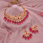 Thumbnail for Tehzeeb Creations Gold-Polished Pink Colour Necklace With Stud - Distacart