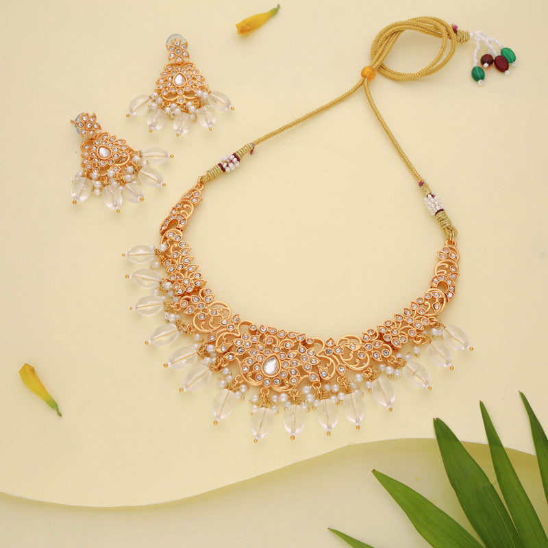 Tehzeeb Creations Gold-Polished White Colour Necklace With Stud - Distacart