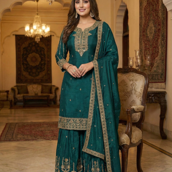 Anaita D Green Chinon Stitched Suit With Embroidery & Sequence Work - Distacart