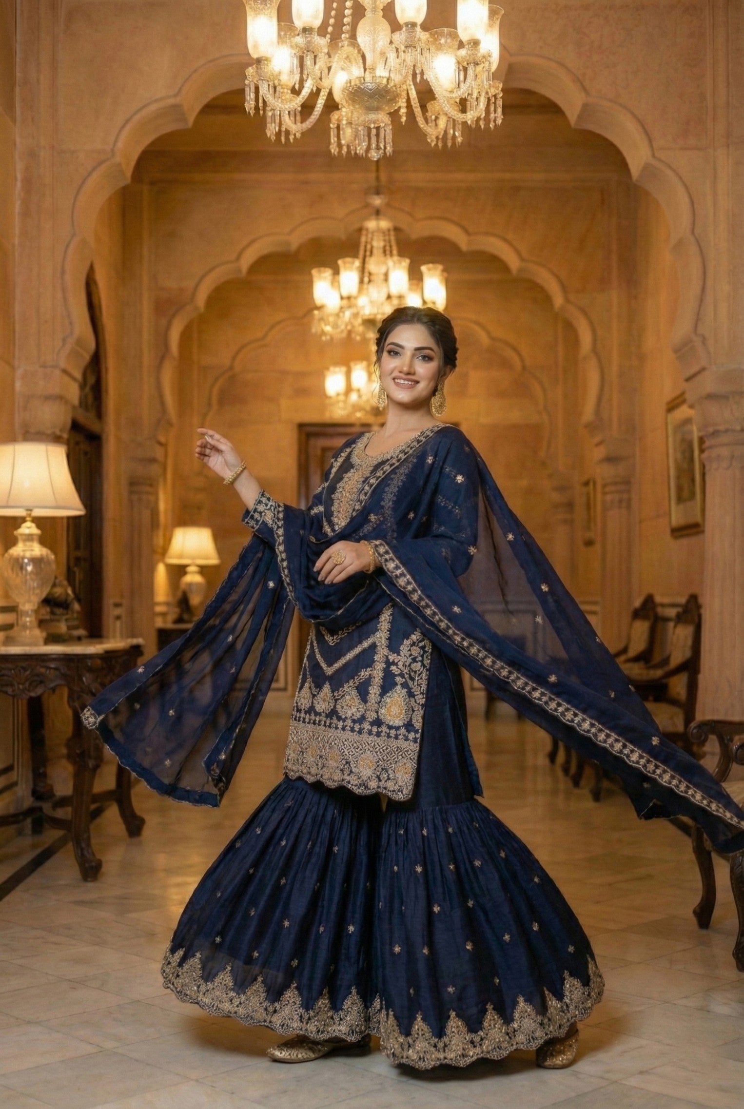 Anaita Navy Chinon Stitched Sharara Suit with Embroidery & Sequence Work - Distacart