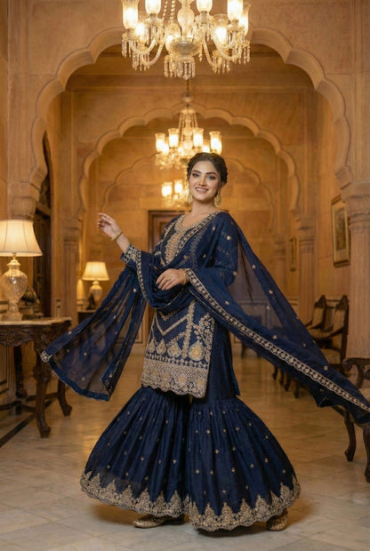 Anaita Navy Chinon Stitched Sharara Suit with Embroidery & Sequence Work - Distacart