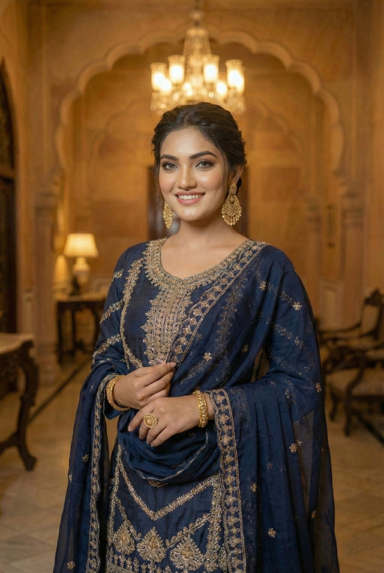 Anaita Navy Chinon Stitched Sharara Suit with Embroidery & Sequence Work - Distacart