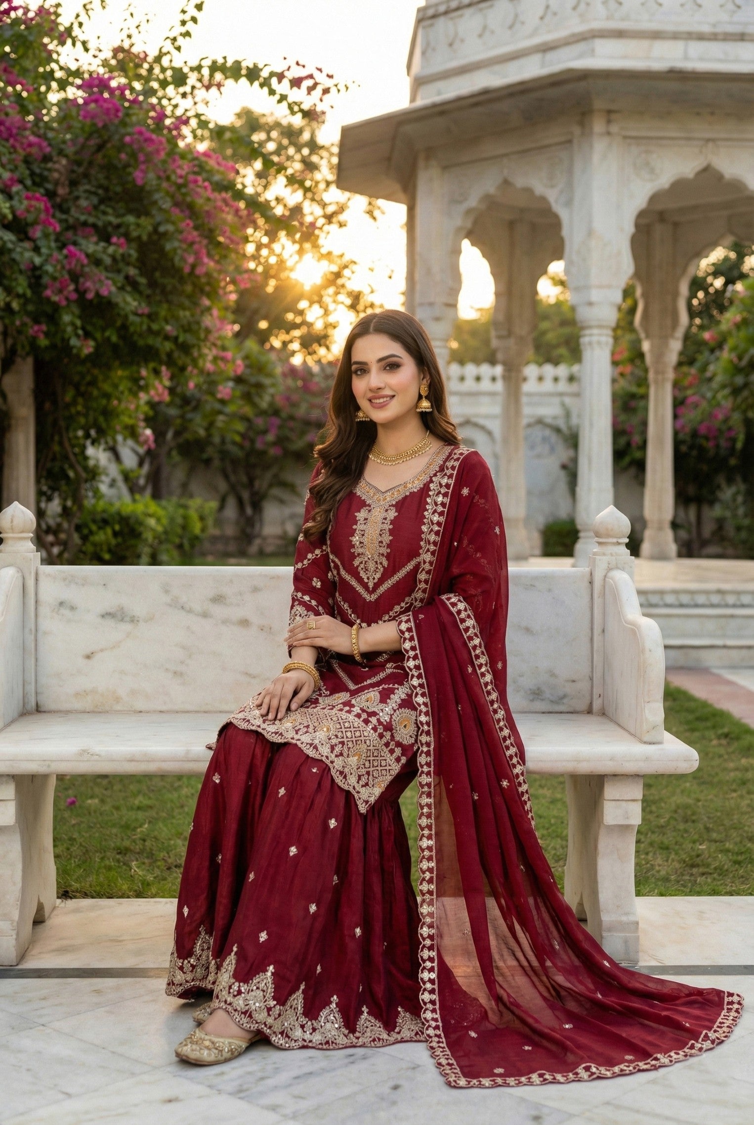 Anaita Maroon Chinon Stitched Sharara Suit with Embroidery & Sequence Work - Distacart