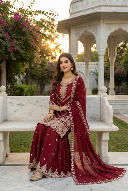 Anaita Maroon Chinon Stitched Sharara Suit with Embroidery & Sequence Work - Distacart