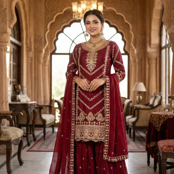 Anaita Maroon Chinon Stitched Sharara Suit with Embroidery & Sequence Work - Distacart