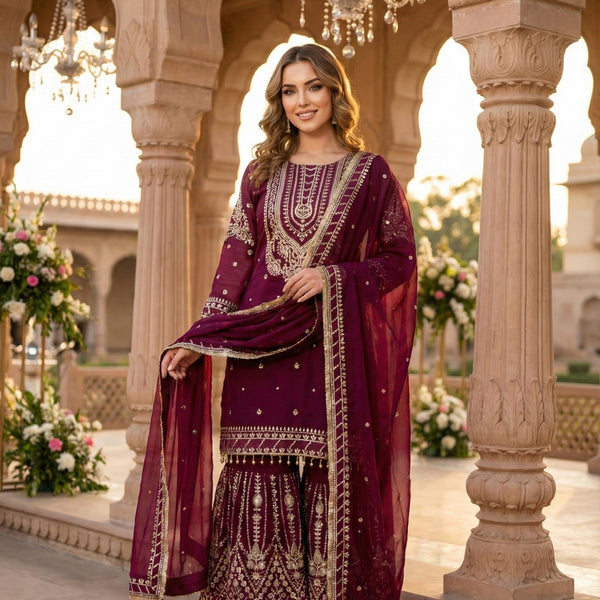 Anaita Maroon Georgette Stitched Suit With Embroidery & Sequence Work - Distacart