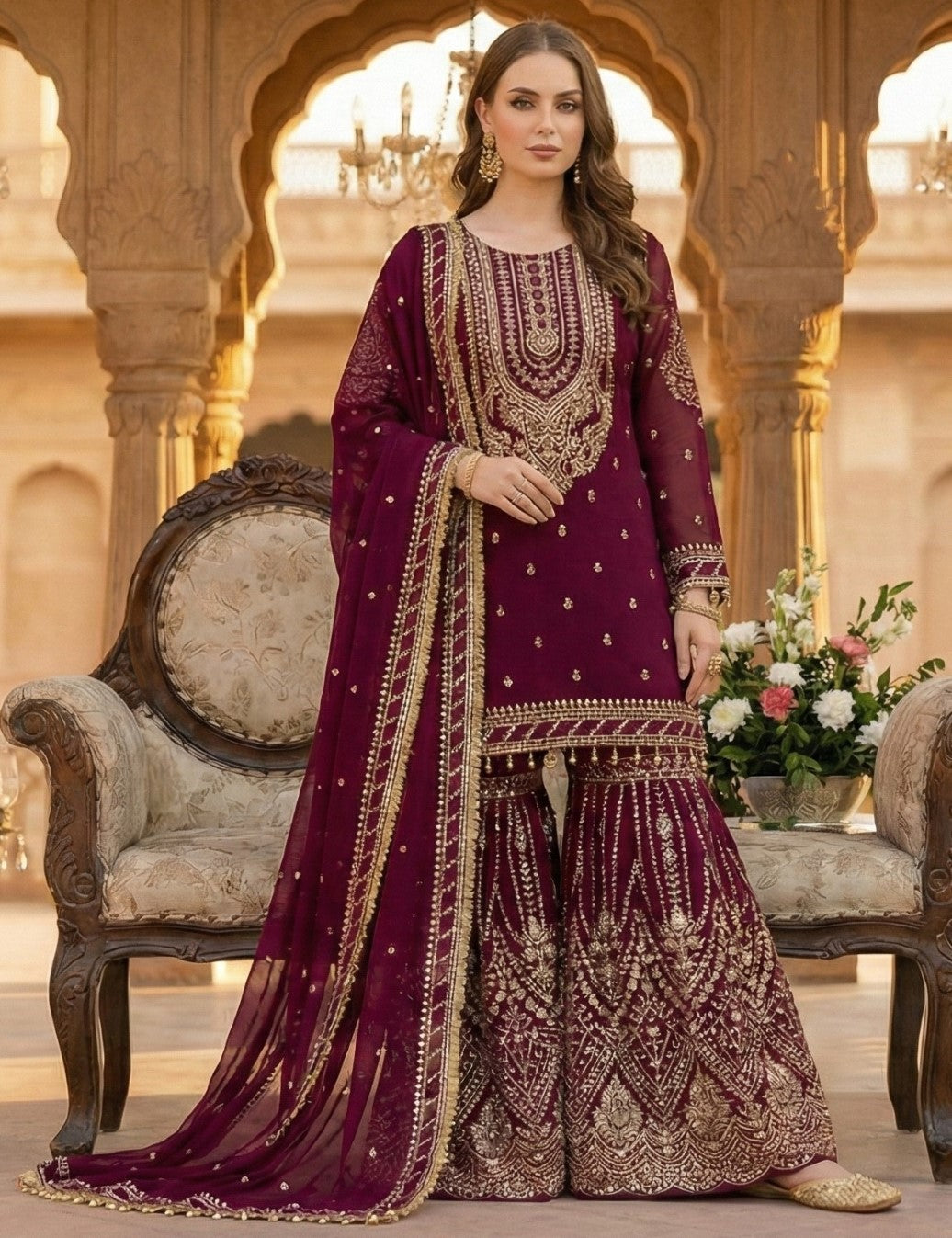 Anaita Maroon Georgette Stitched Suit With Embroidery & Sequence Work - Distacart