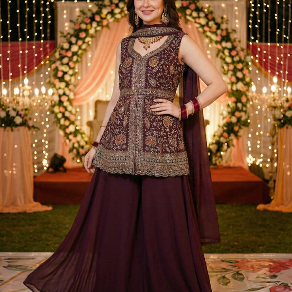 Anaita Maroon Georgette Stitched Suit With Multi Embroidery & Sequence Work - Distacart