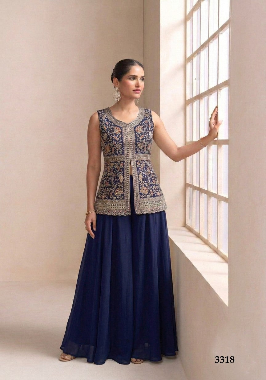 Anaita Navy Georgette Stitched Plazzo Suit with Sequence Lakhnavi Embroidery work - Distacart