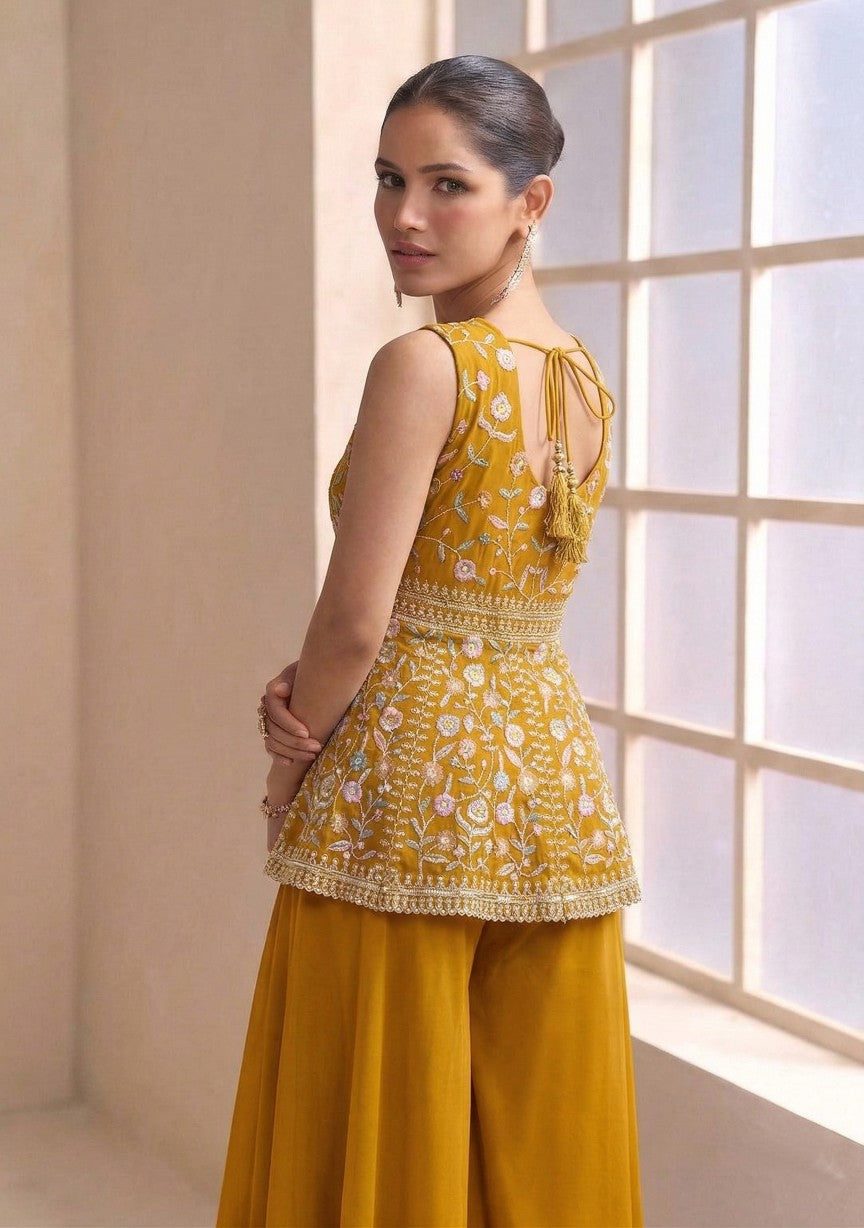 Anaita Yellow Georgette Stitched Plazzo Suit with Sequence Lakhnavi Embroidery work - Distacart