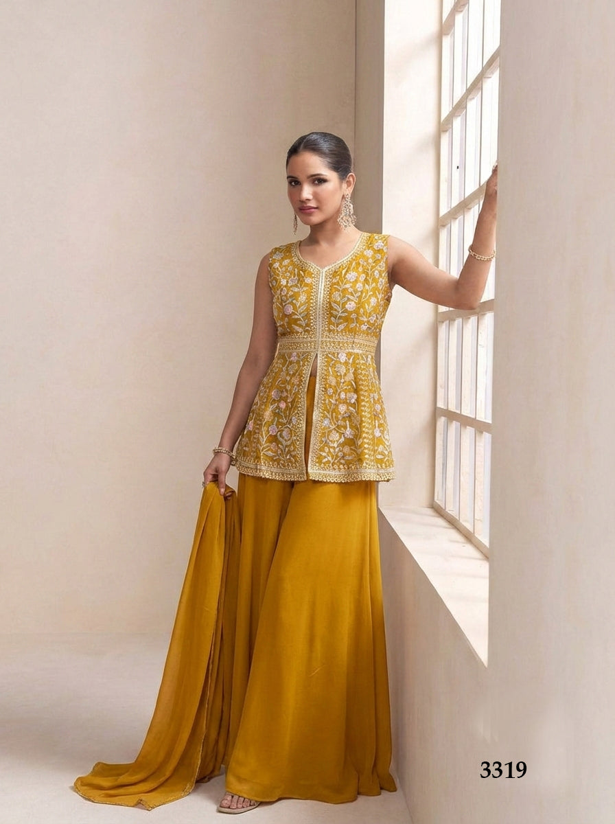 Anaita Yellow Georgette Stitched Plazzo Suit with Sequence Lakhnavi Embroidery work - Distacart